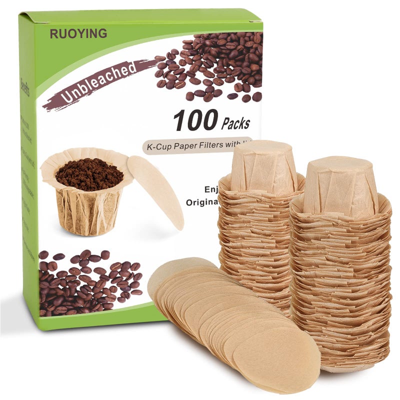 RUOYING Unbleached K cup Coffee Paper Filters with Lid Disposable for Reusable K Cup Filters, Disposable Keurig Filters Unbleached, Fits All Keurig Single Serve Filter Brands (100 pack) - Image 1